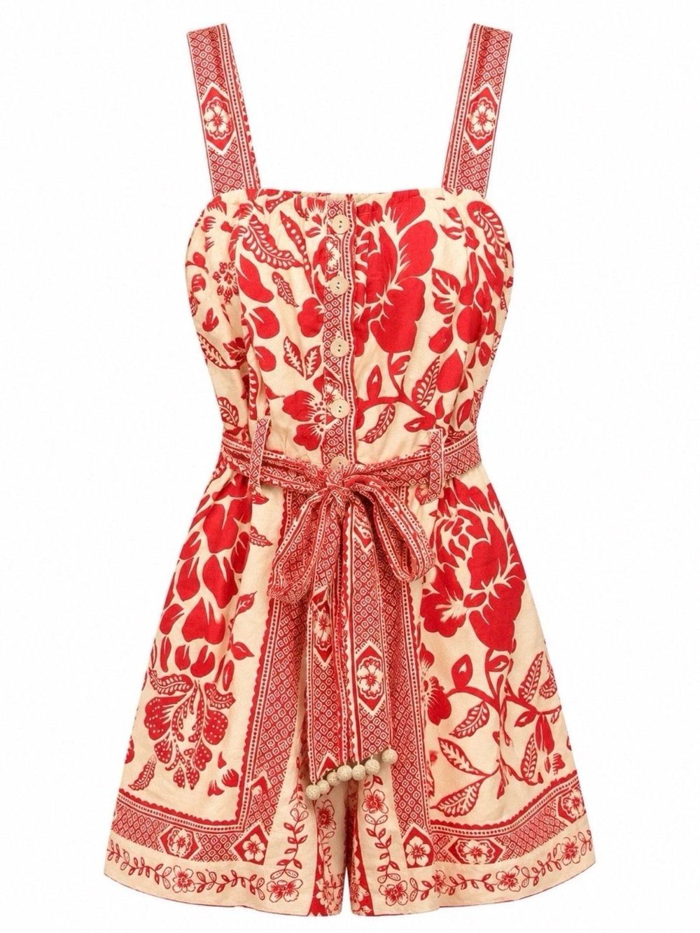 Rachel Zoe Womens Size 8 Red Cream Linen Blend Floral Belted Romper Jumper